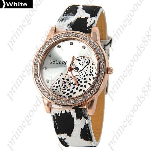 Leopard Rhinestones PU Leather Lady Ladies Wrist Quartz Wristwatch Women&#039;s White