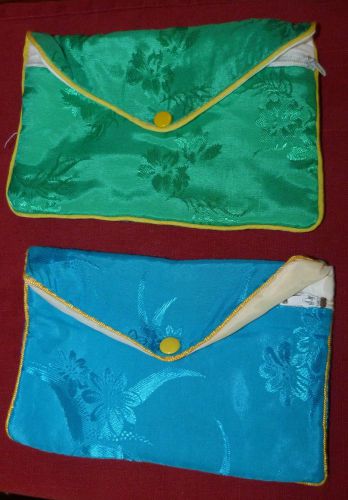 TWO Silk (?) Chinese Jewelry Pouch/Bag (w/zipper &amp; snap) 1 Blue &amp; 1 Green 5.5 x