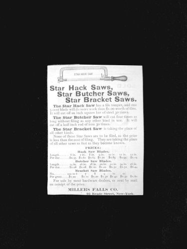 1890 Trade AD-Price List=STAR HACK SAWS-Butcher Saws-Star Bracket Saws-Blades=NY