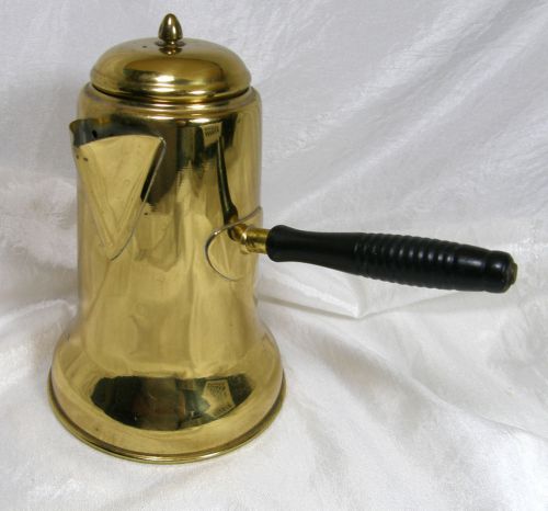 Bright brass finish coffee server with black wooden handle on side for sale
