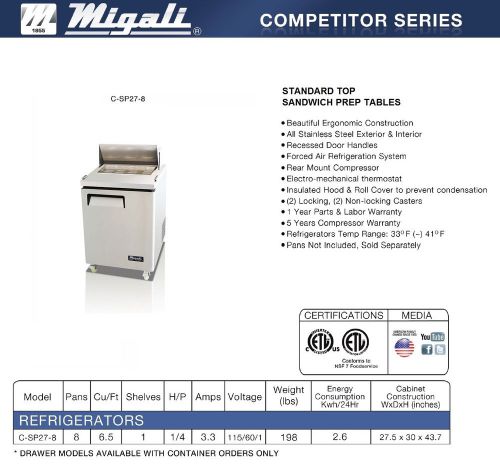 Migali Single Door 27&#034; Sandwich Prep Table C-SP27-8 - Free Shipping!