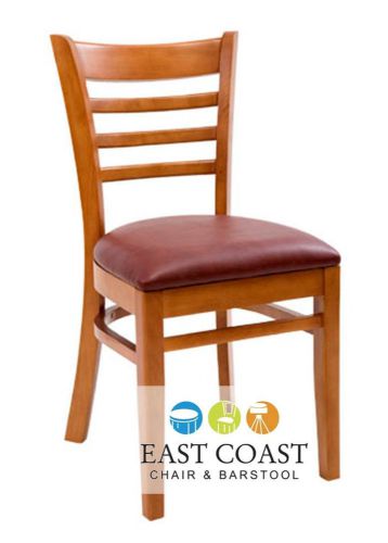 New wooden cherry ladder back restaurant chair with wine vinyl seat for sale