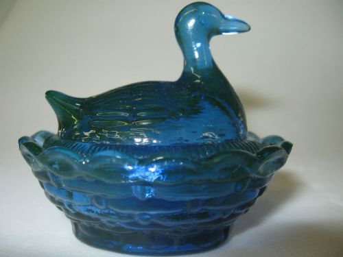 Cobalt Vaseline glass salt cellar celt duck on nest basket dip swan uranium blue