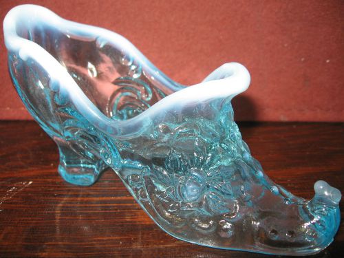 Large Aqua Blue opalescent glass rose leaf Shoe Slipper Boot flowers floral art