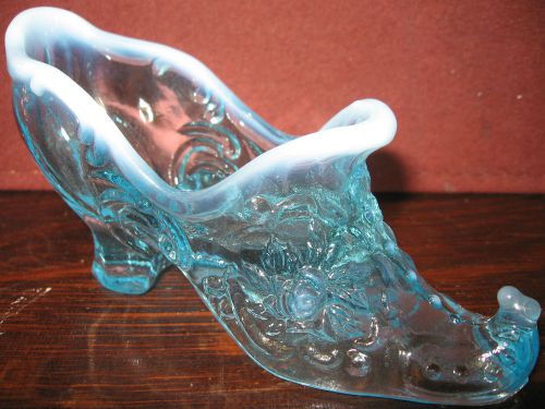 Large Aqua Blue opalescent glass rose leaf Shoe Slipper Boot flowers floral art