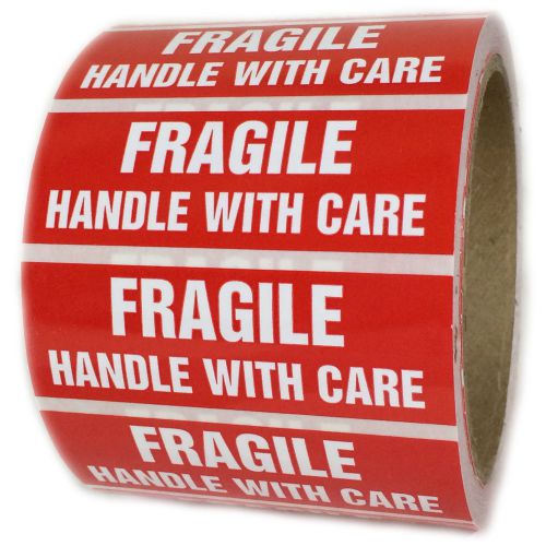 Glossy Red &#034;Fragile Handle with Care&#034; Labels Stickers - 1&#034; by 3&#034; - 500 ct Roll