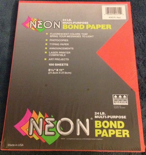 Riverside Paper Co. 100 Sheets Neon 24lb Fluorescent Red #4315 Unopened