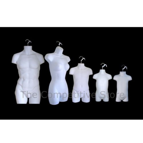 5 white mannequin display forms - female + male + child + toddler and infant for sale