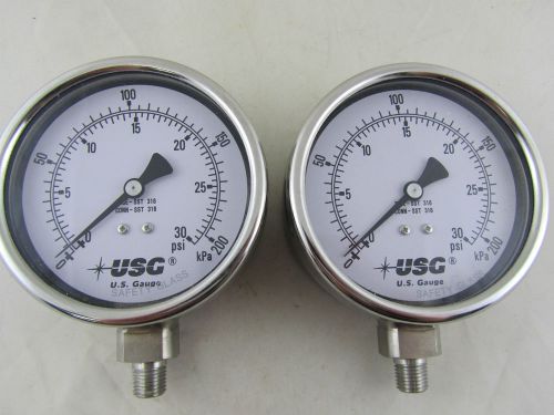 Two USG Stainless Steel Pressure Gauges, 30psi, USA, 4&#034; Diameter, 1/2&#034; Thread