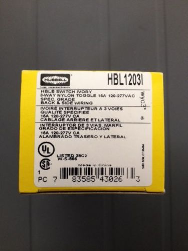 Hubbell HBL1203I Three way 15A 120-277V Spec Grade Toggle Switch, Ivory
