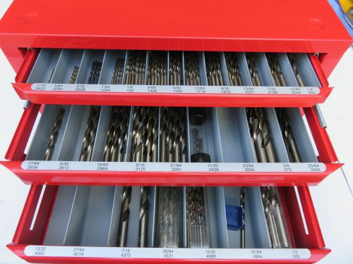 Huot - 1/16&#034; - 1/2&#034; red fractional drill index filled with drill bits excellent for sale