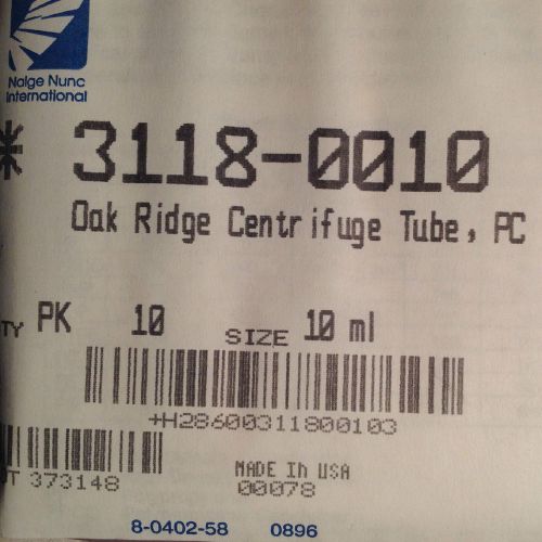 New Nalgene #3118-0010, Oak Ridge Centrifuge Tubes, PC w/ Screw Caps,10mL, Pk/10