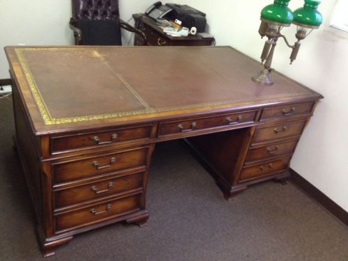 Antique executive desk &amp; secretary w/1980s leather sofa for sale
