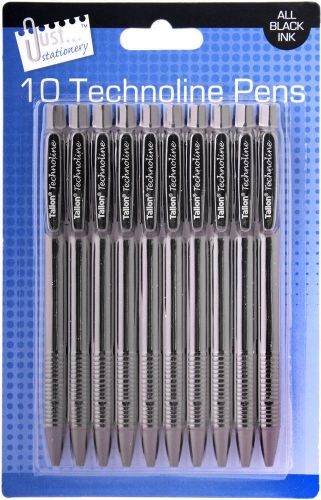 10 Technoline Design Pens- Retractable Black Fine Line Ballpoint Pen Stationery