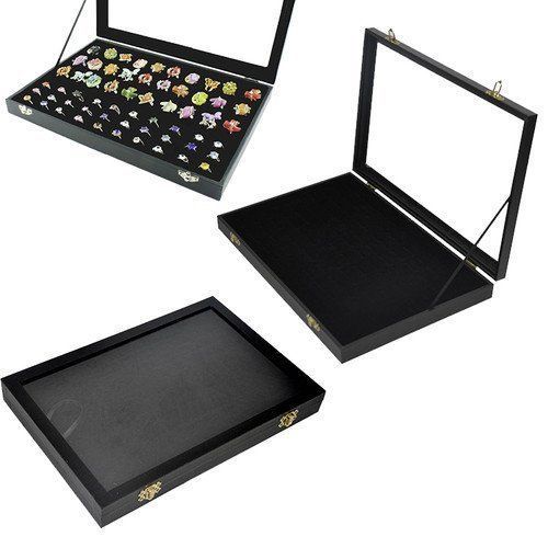 Amzdeal Glass Top Black 100 Slot Earring Ring Jewelry Display Storage Box Tray C