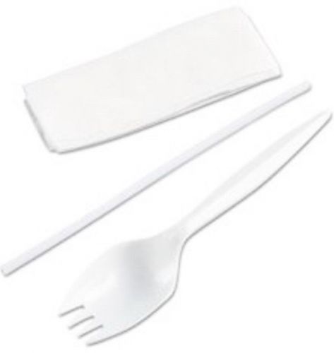 Medium-Weight Cutlery, Plastic Wrapped Spork W/ Napkin &amp; straw White, 1000/box