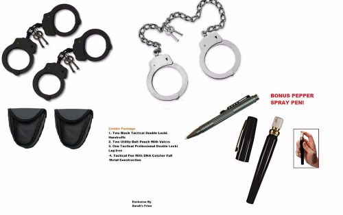 Police Style Handcuffs And Leg Iron Combo With Pepper Spray 17% And Tactical Pen