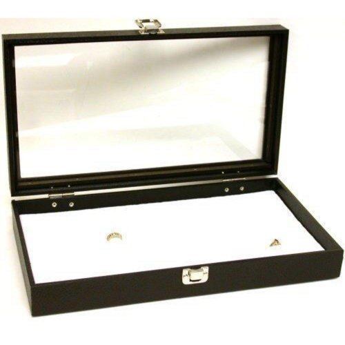 Jewelry Storage Case Black Faux-Leather Display Glass-Top Tray White Foam Insert
