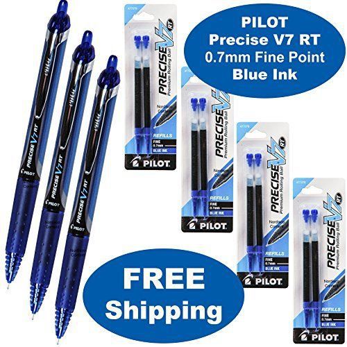 Pilot Precise V7 Rt Retractable, Blue Ink, 0.7mm Fine Point, 3 Pens with 4 Packs