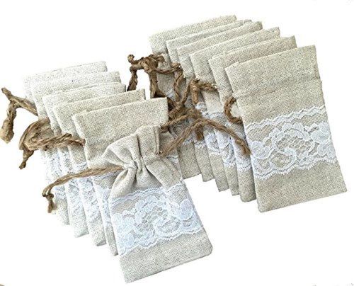 Outside the Box Papers Lace and Linen Drawstring Bags- 3 x 4 12 Pack Natural
