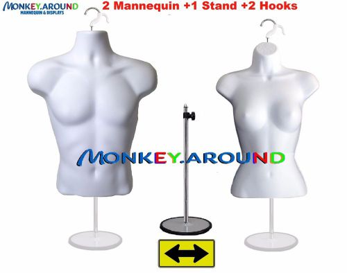 2 mannequin 1 stand 2 hanger male female white dress torso form display clothing for sale