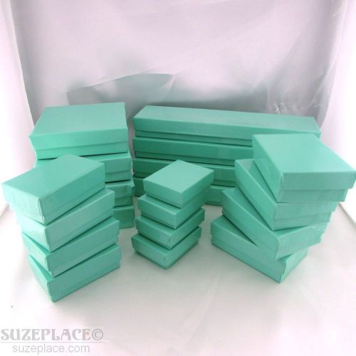 LOT OF 20 TEAL COTTON FILLED GIFT BOXES 8X1 3X3 2 1/8 x 1 5/8 2 5/8 x 1 1/2