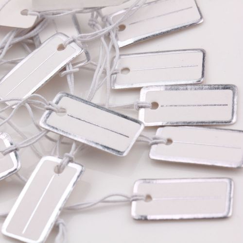 100pcs White Silver Paper Jewelry Label Price Tags With Elastic String 20x10mm