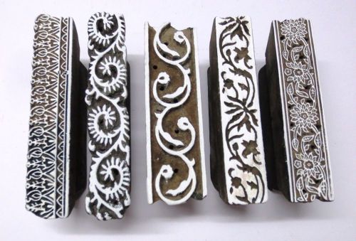 LOT OF 5 WOODEN HAND CARVED TEXTILE FABRIC BLOCK PRINT STAMP UNIQUE BORDERS ART