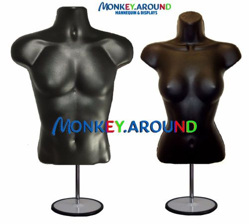 2 MANNEQUIN MALE FEMALE BLACK DRESS BODY TORSO FORMS +2 HANGERS +2 STAND,DISPLAY