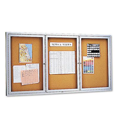 Enclosed bulletin board, natural cork/fiberboard, 72 x 36, silver aluminum frame for sale