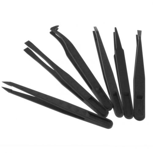 6pcs Black Anti-static Plastic Tweezer Resistant Repair Tool Straight Bend DH