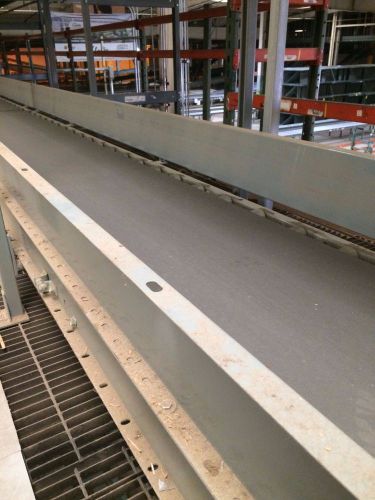 Used 18&#034; buschman power flat belt conveyor approx. 215&#039; long, 6&#034; roller spacing for sale