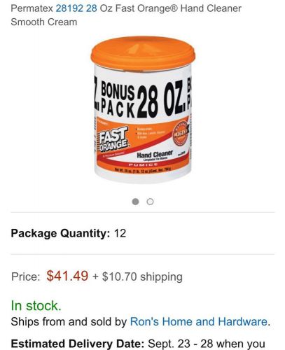 Permatex Fast Orange Pumice Cream BONUS Size 28 Oz.Plastic Tub $50 VALUE 1/2 OFF