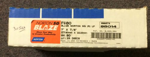 Norton 69957398014  7&#034; x 7/8&#034; f980  80-grit blaze discs sg, box of 25, new for sale