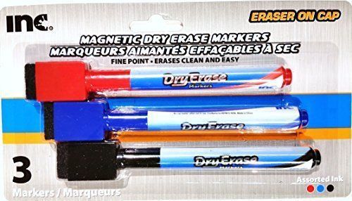 3 Magnetic Dry Erase Markers with Eraser on Cap Black, Blue, Red Free Shipping