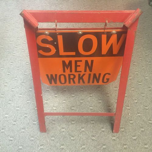 Vintage single sided metal slow men working, safety sign in folding steel frame for sale