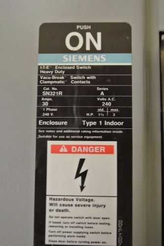 Siemens ITE 30 Amp 240 Volt Heavy Duty Disconnect Switch Cat: SN321R