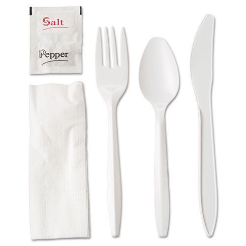 GEN Wrapped Cutlery Kit, Fork/Knife/Spoon/Napkin/Salt/Pepper, White, 250/Carton