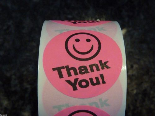 PINK THANK YOU SMILEY LABEL STICKER  500 ON A ROLL GET YOUR PINK ITEMS NOW!!