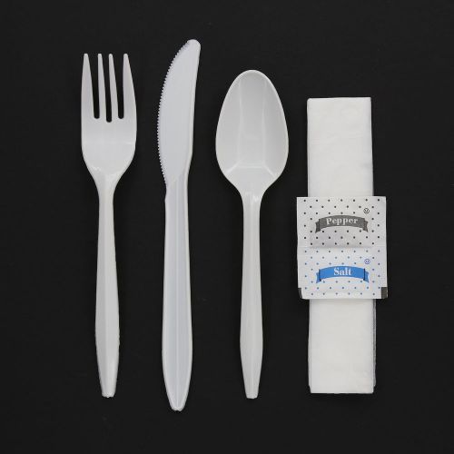 Medium weight cutlery kit-fork, knife, spoon, salt &amp; pepper, napkin, pack of 250 for sale
