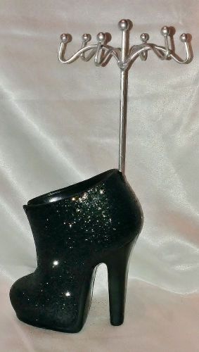 BLING BLACK GLITTER HIGH HEEL BOOT MAKE-UP BRUSH, NECKLACE OR PEN PENCIL HOLDER