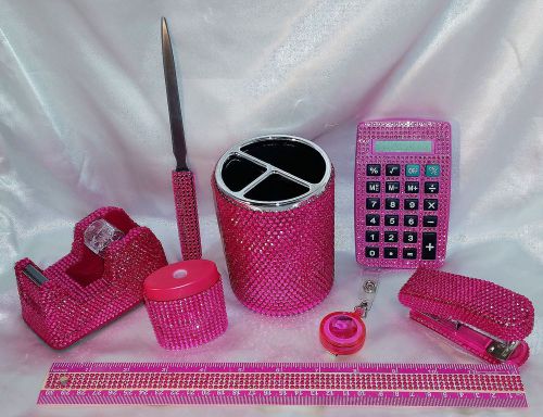 Hot pink rhinestone 9 piece desk set - stapler, pen holder, calculator, ruler, for sale