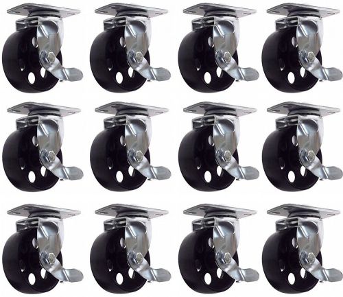 4 All Steel Swivel Plate Caster Wheels w Brake Lock Heavy Duty 3&#034; Wheel 1300Lbs