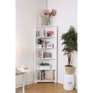 Contemporary Style Solid Wood Five Shelves Corner Bookshelf, White