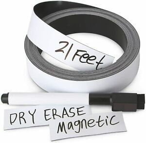 Dry Erase Labels, Magnetic Roll, Magnet Strip, Glossy White, 1 Inch Wide x 21ft