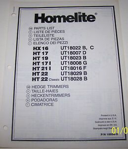 HOMELITE HEDGE TRIMMERS PARTS LIST HX16, HT17, HT19, HT17I, HT21I, HT22