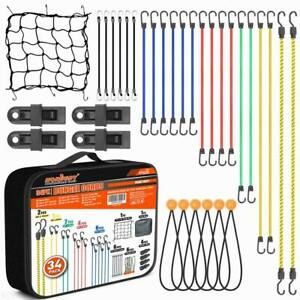 Bungee Cords with Hooks 34pc Ball Bungees Set Canopy Ties Tarp Clips Cargo net