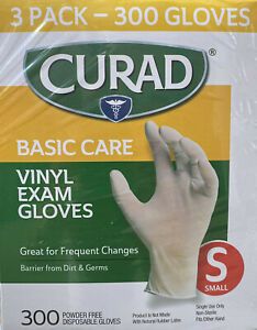 300 COUNT Curad Basic Care Vinyl Exam Gloves Disposable SMALL Latex Free