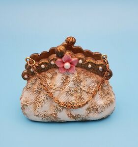 Russ Berrie &amp; Co. Purse CARD HOLDER ~ Hand Painted ~ Pink Flower/Chain/Pearls