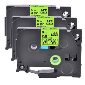 3PK TZe-C21 TZ-C21 9MM Black On Fluorescent Yellow Label For Brother PT1180